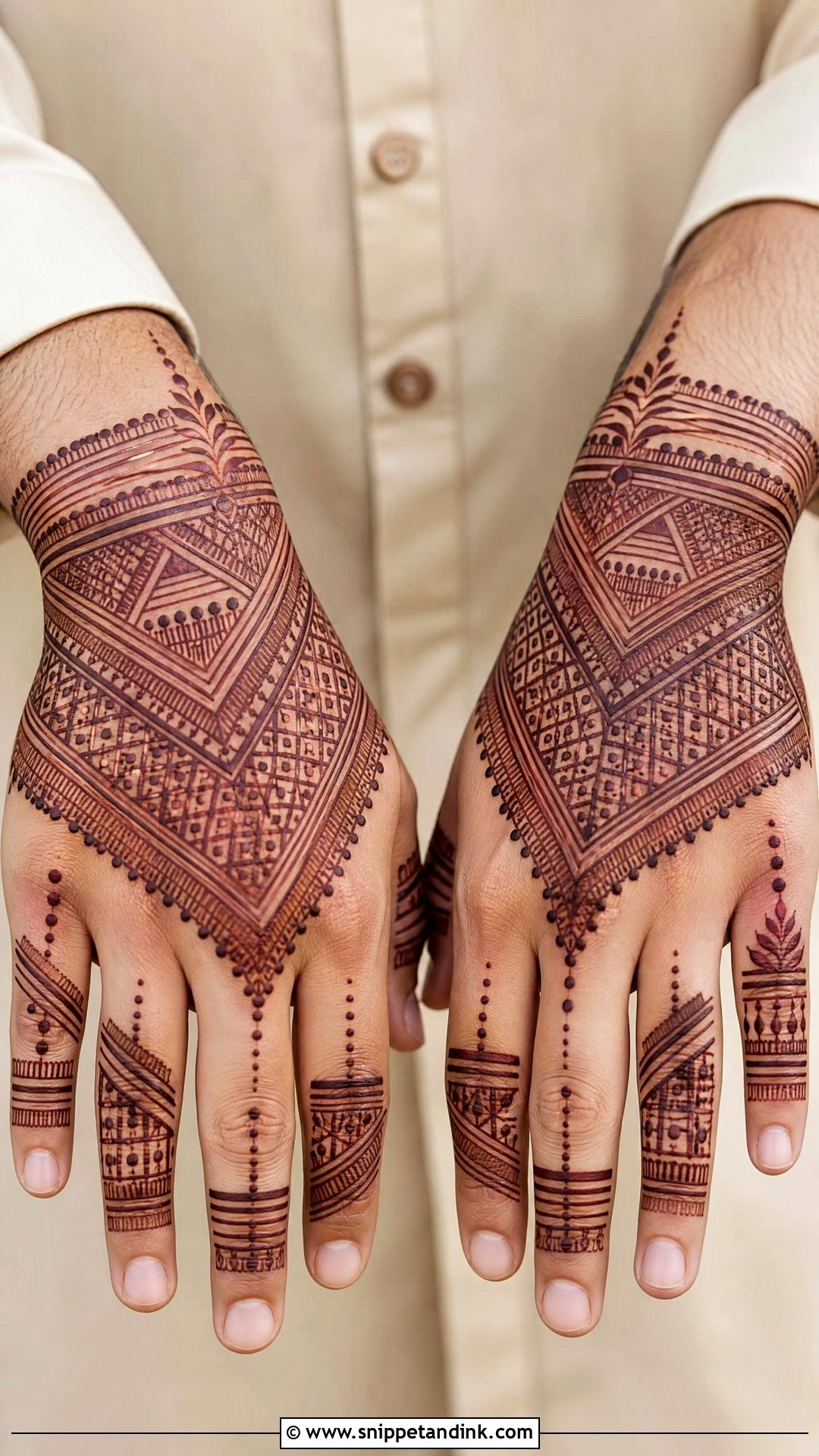 Groom Back Hand Mehndi With Geometric Pattern - Snippet and Ink - 20 Groom Back Hand Mehndi Design Ideas