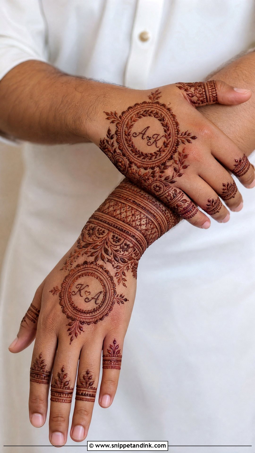 Groom Back Hand Mehndi With Name Initials - Snippet and Ink - 20 Groom Back Hand Mehndi Design Ideas