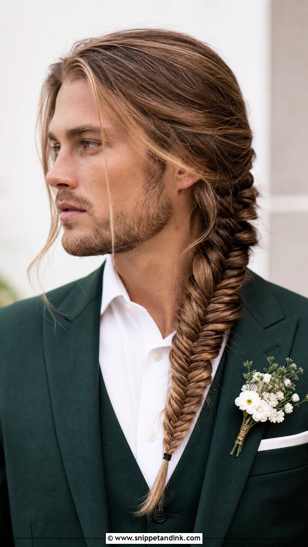 Groom Long Hair Fishtail Braid - Snippet and Ink - 15 Groom Long Hair Wedding Men Ideas