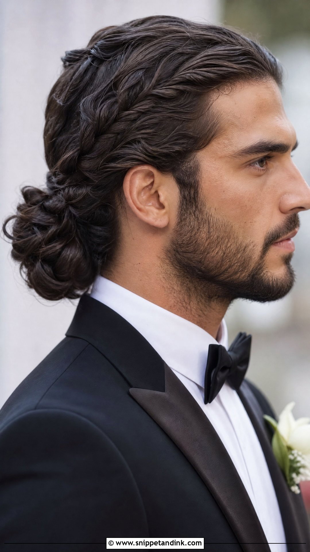 Groom Long Hair Low Braided Bun - Snippet and Ink - 15 Groom Long Hair Wedding Men Ideas