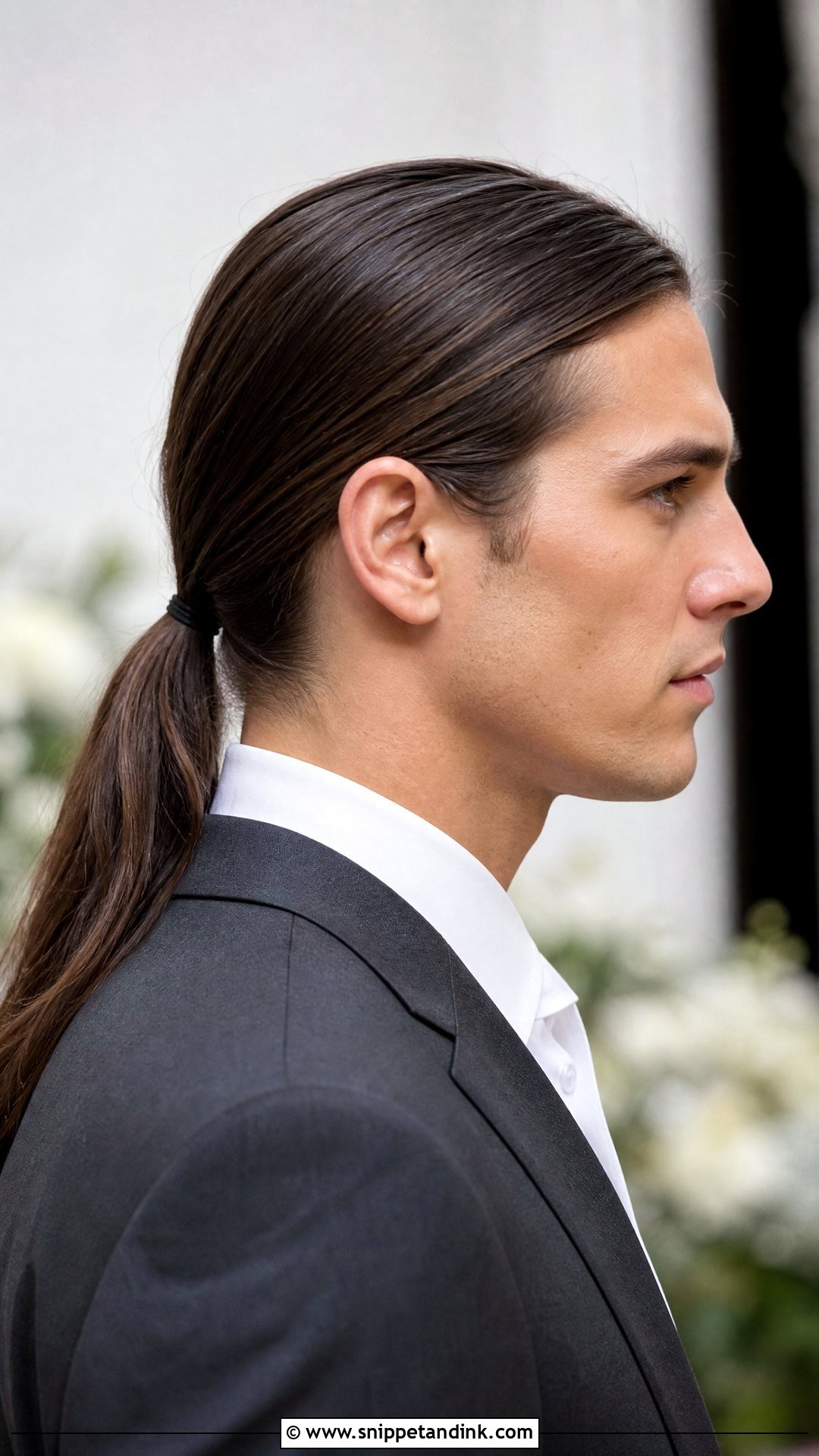Groom Long Hair Sleek Low Ponytail - Snippet and Ink - 15 Groom Long Hair Wedding Men Ideas