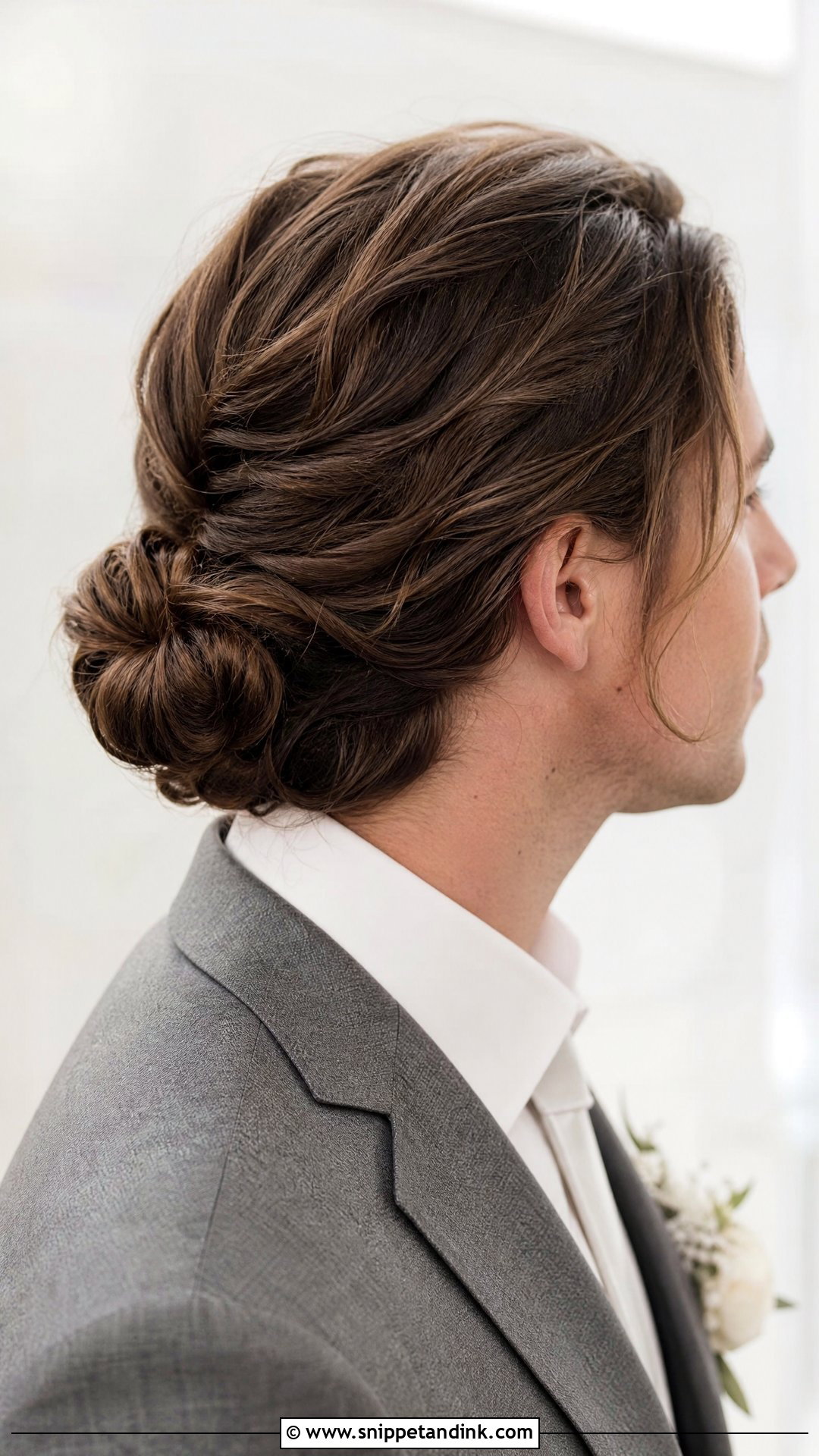 Groom Long Hair Twisted Low Bun - Snippet and Ink - 15 Groom Long Hair Wedding Men Ideas