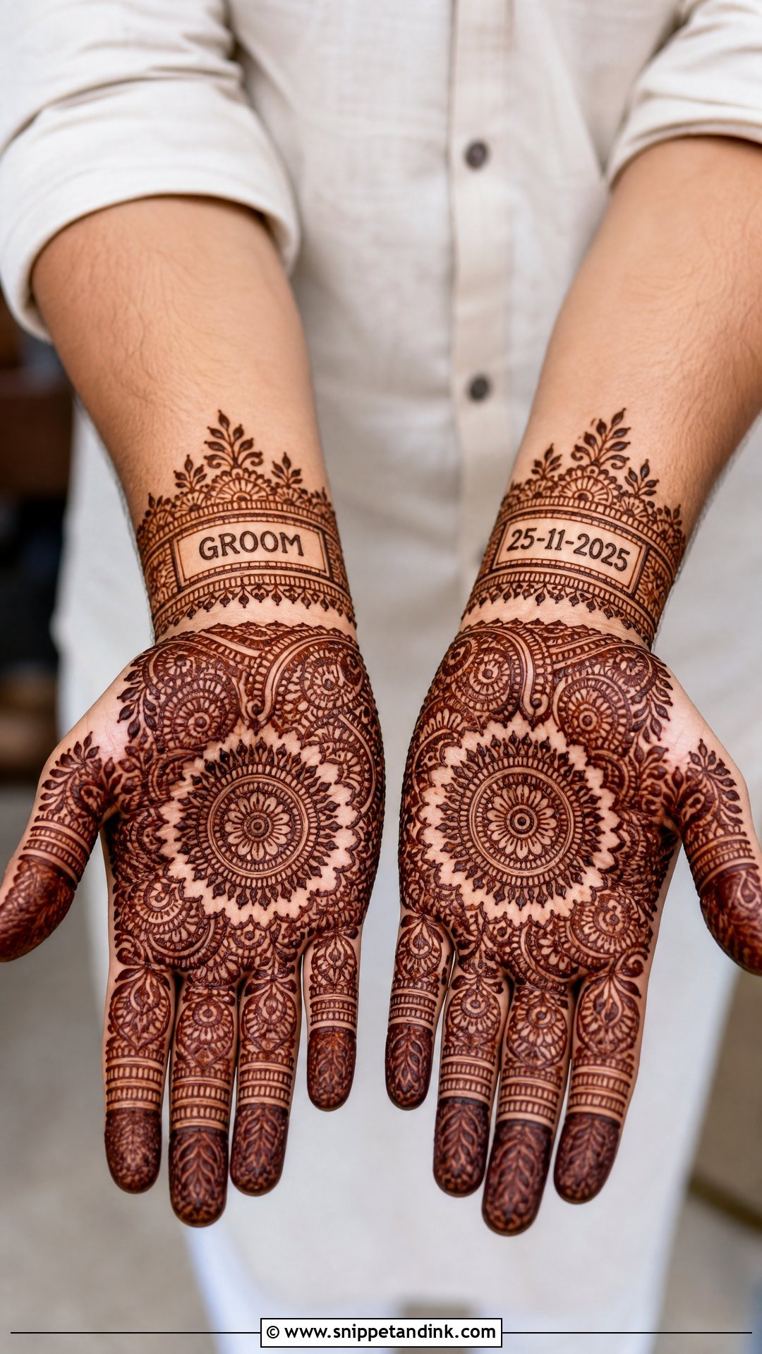 Groom Mehndi Design With Wedding Date - Snippet and Ink - 25 Mehndi Design for Groom Hand Ideas