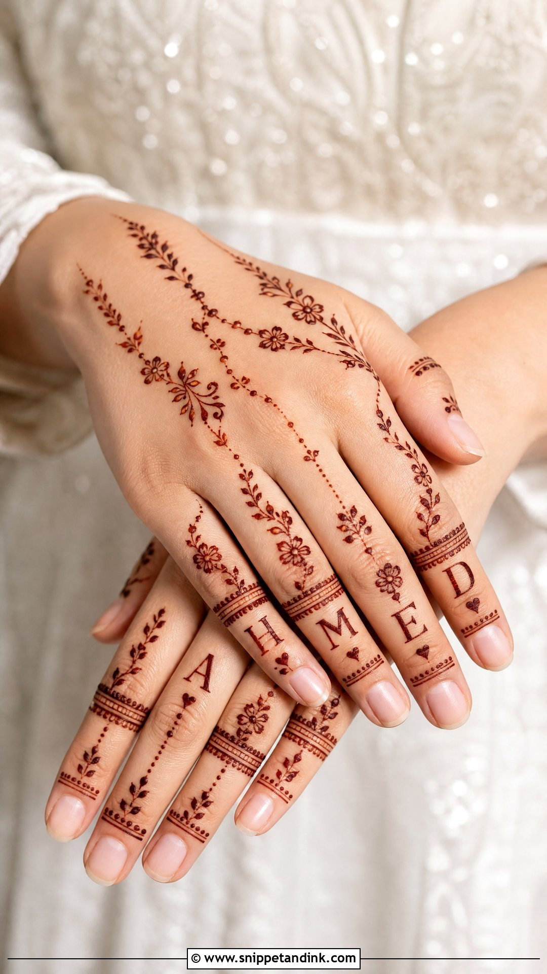 Groom Name Finger Mehndi - Snippet and Ink - 20 Groom Name in Mehndi Design Ideas
