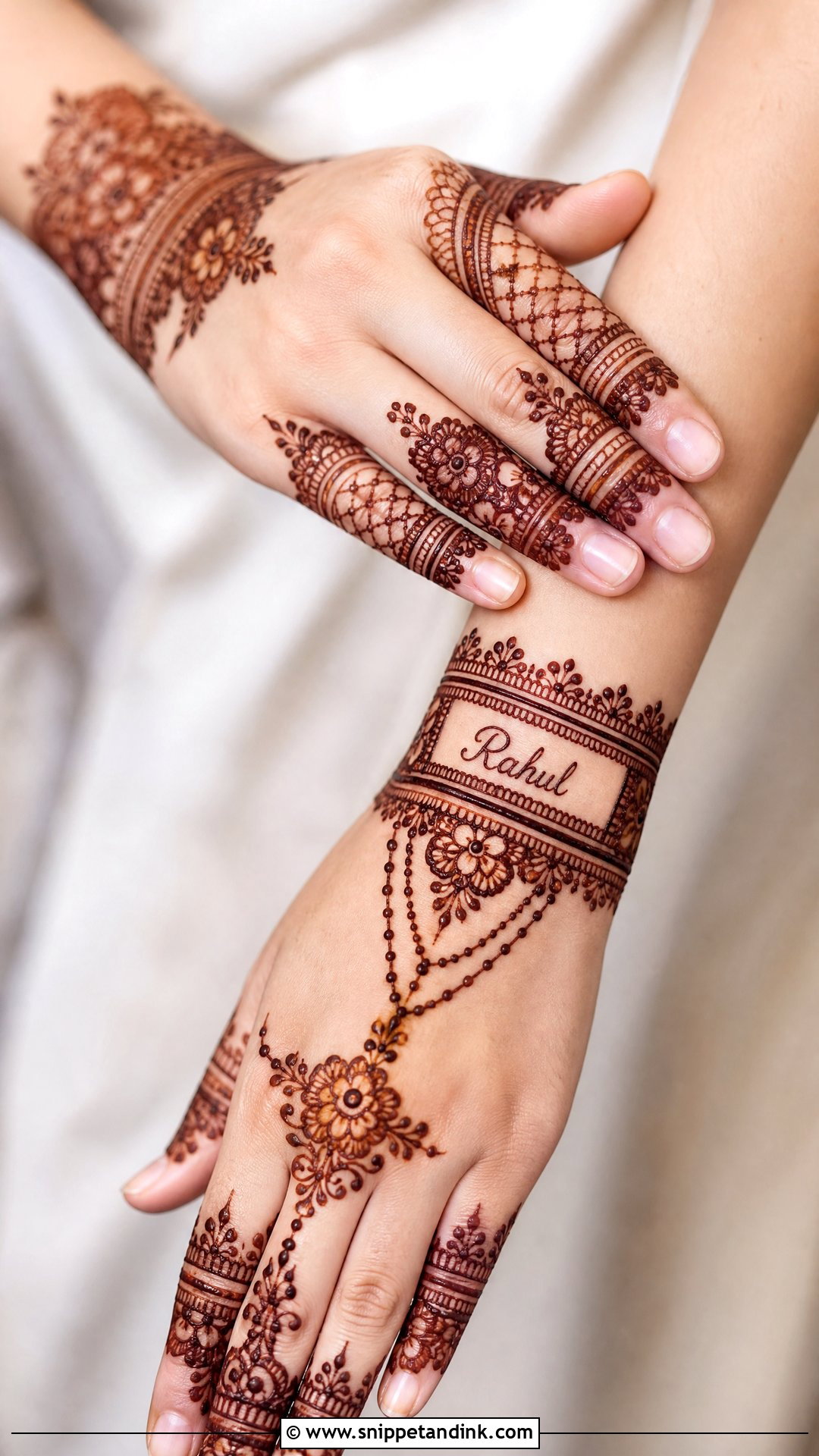 Groom Name Wrist Mehndi - Snippet and Ink - 20 Groom Name in Mehndi Design Ideas