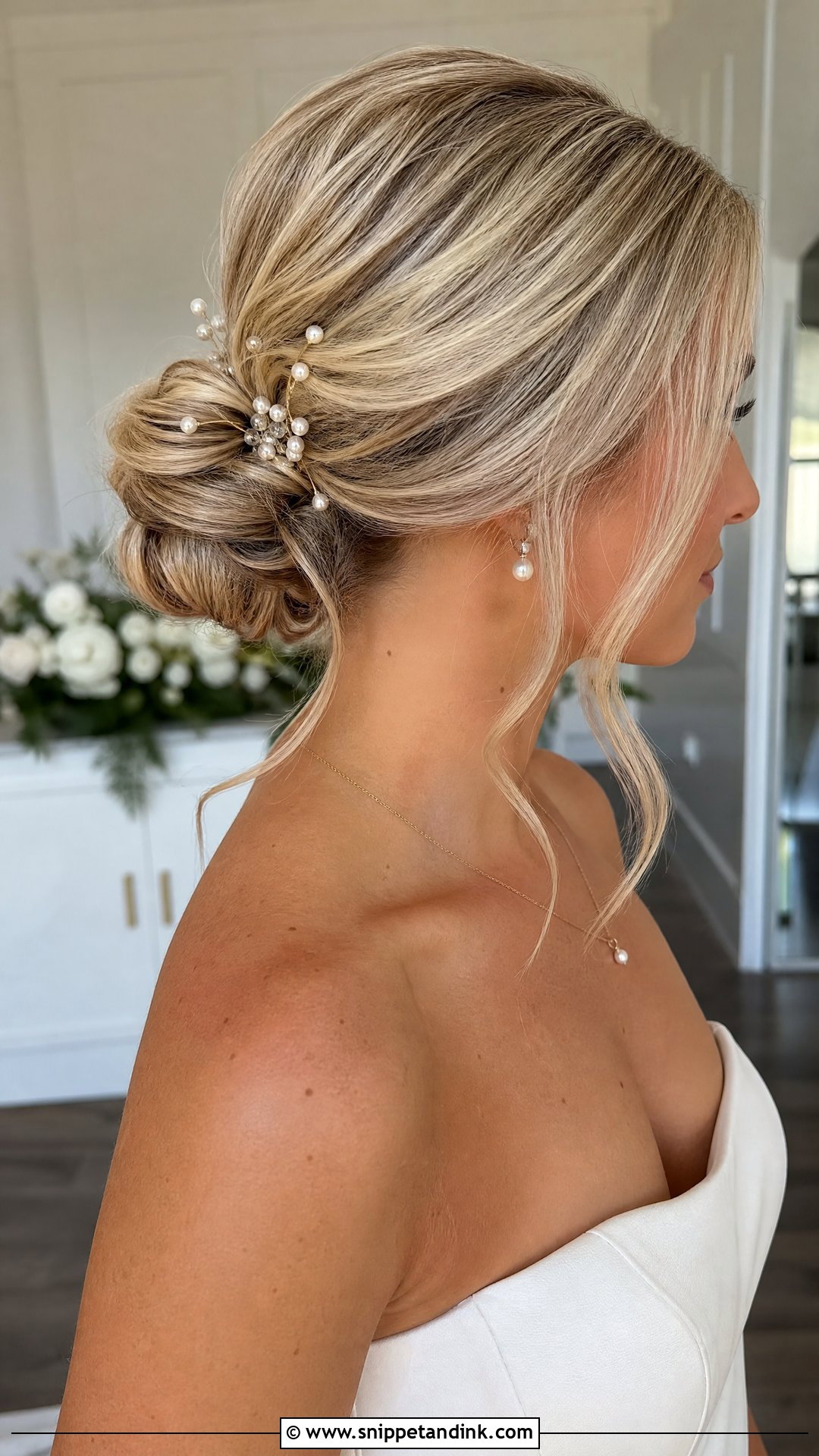 Hailey Bieber Low Bun With Pearls - Snippet and Ink - 20 Celebrity Wedding Hair Ideas