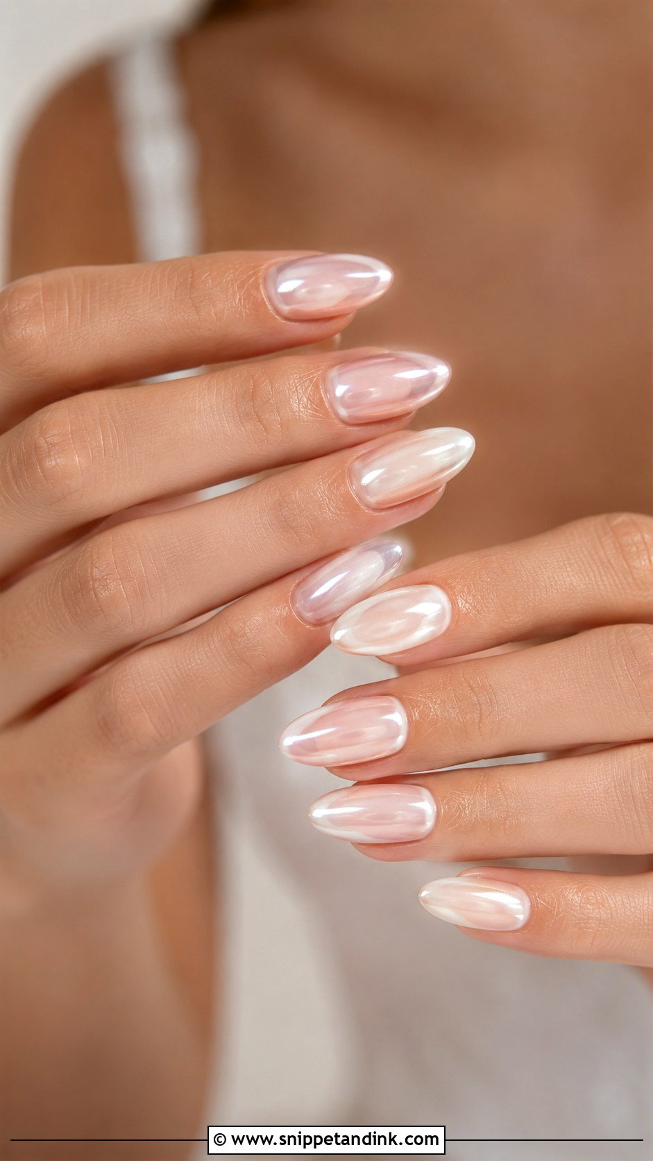 Hailey Bieber Pearl Chrome Wedding Nails - Snippet and Ink - 20 Hailey Bieber Wedding Nails