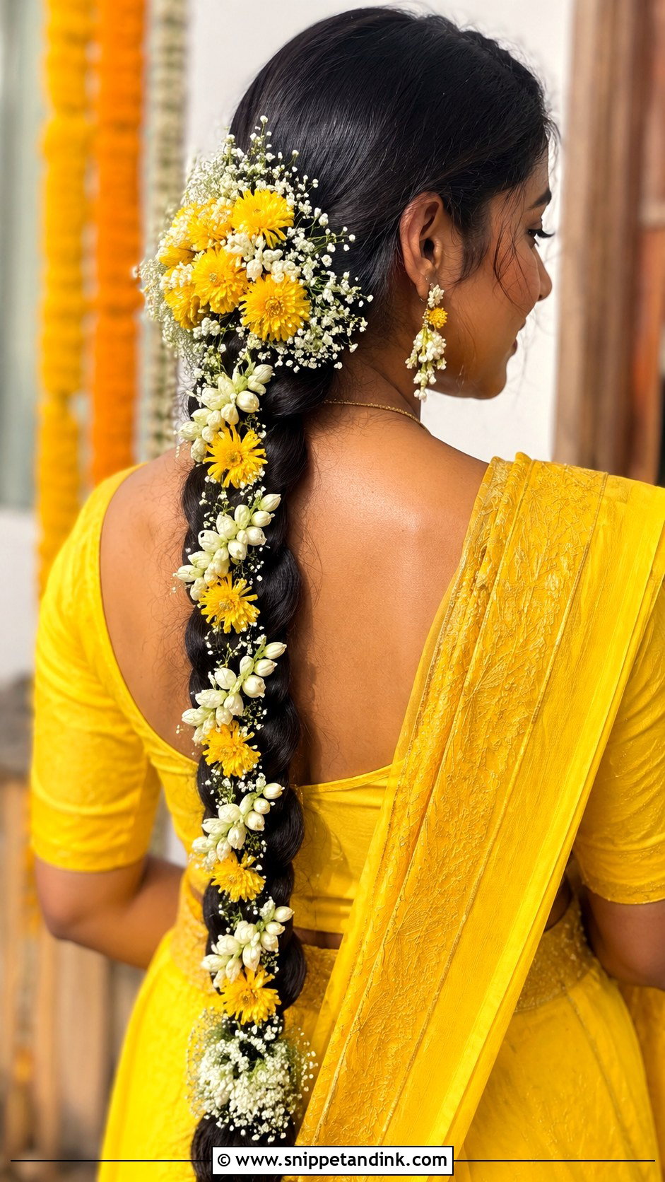 Haldi Braid With Flowers For Bride - Snippet and Ink - 15 Haldi Function Hairstyle for Bride Ideas