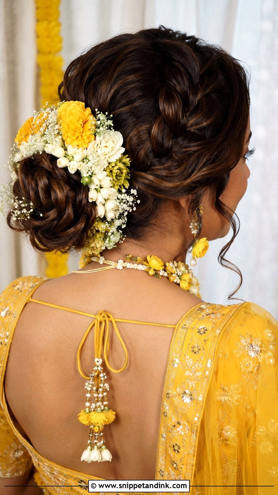 Haldi Braided Bun For Bride - Snippet and Ink - 15 Haldi Function Hairstyle for Bride Ideas