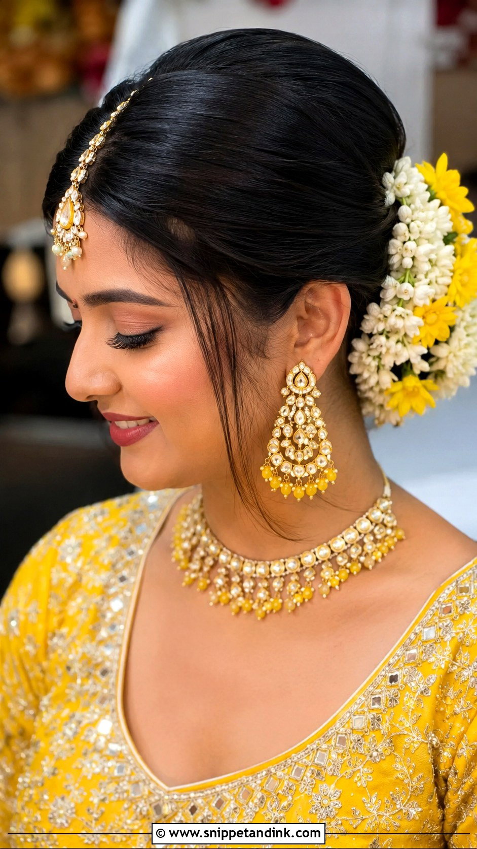 Haldi Bun With Maang Tikka - Snippet and Ink - 35 Haldi Hairstyles for Bride