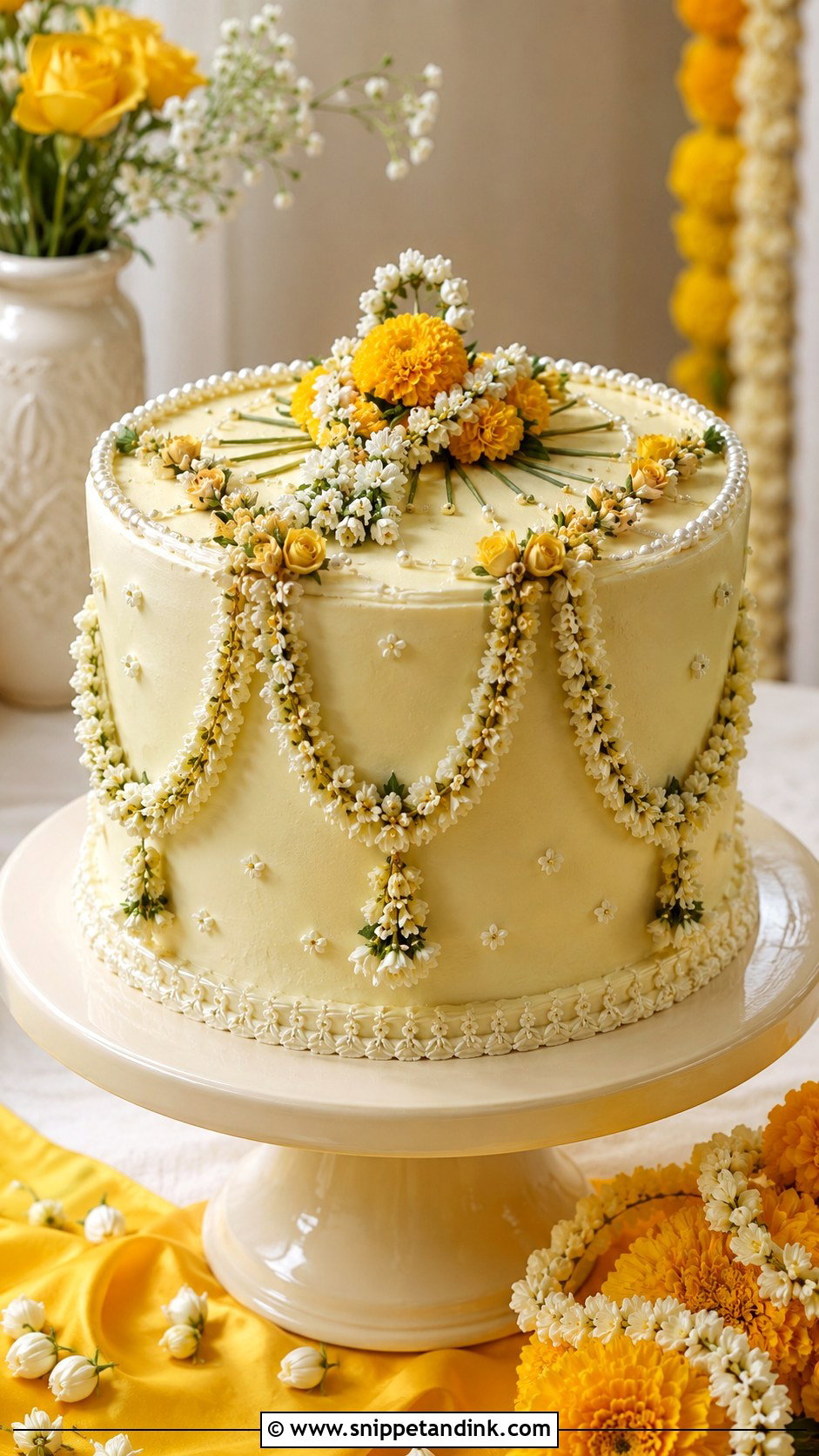 Haldi Cake With Floral Jewelry - Snippet and Ink - 20 Haldi Cake Ideas