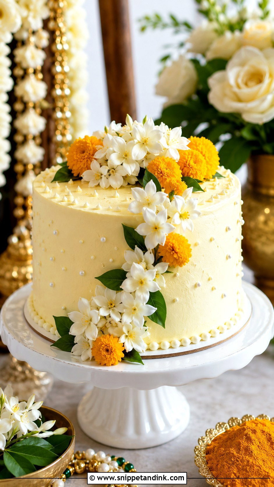 Haldi Cake With Fresh Jasmine - Snippet and Ink - 20 Haldi Cake Ideas
