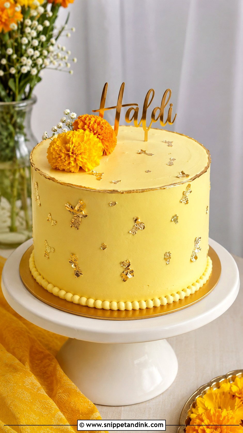 Haldi Cake With Gold Accents - Snippet and Ink - 20 Haldi Cake Ideas