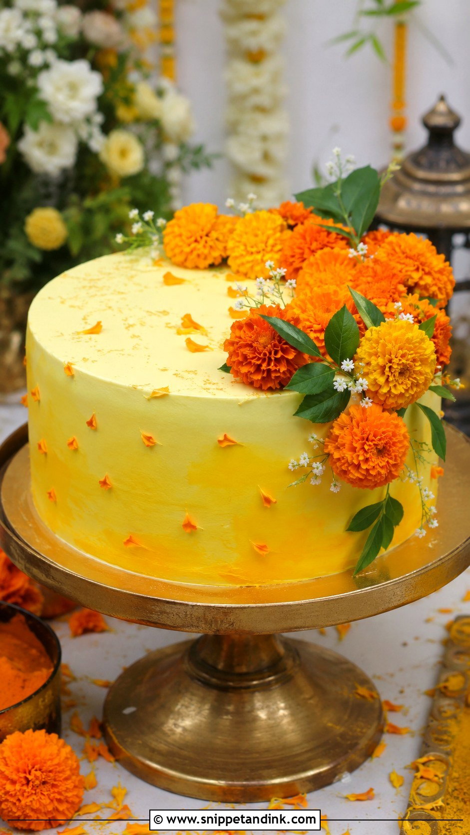 Haldi Cake With Marigold Flowers - Snippet and Ink - 20 Haldi Cake Ideas
