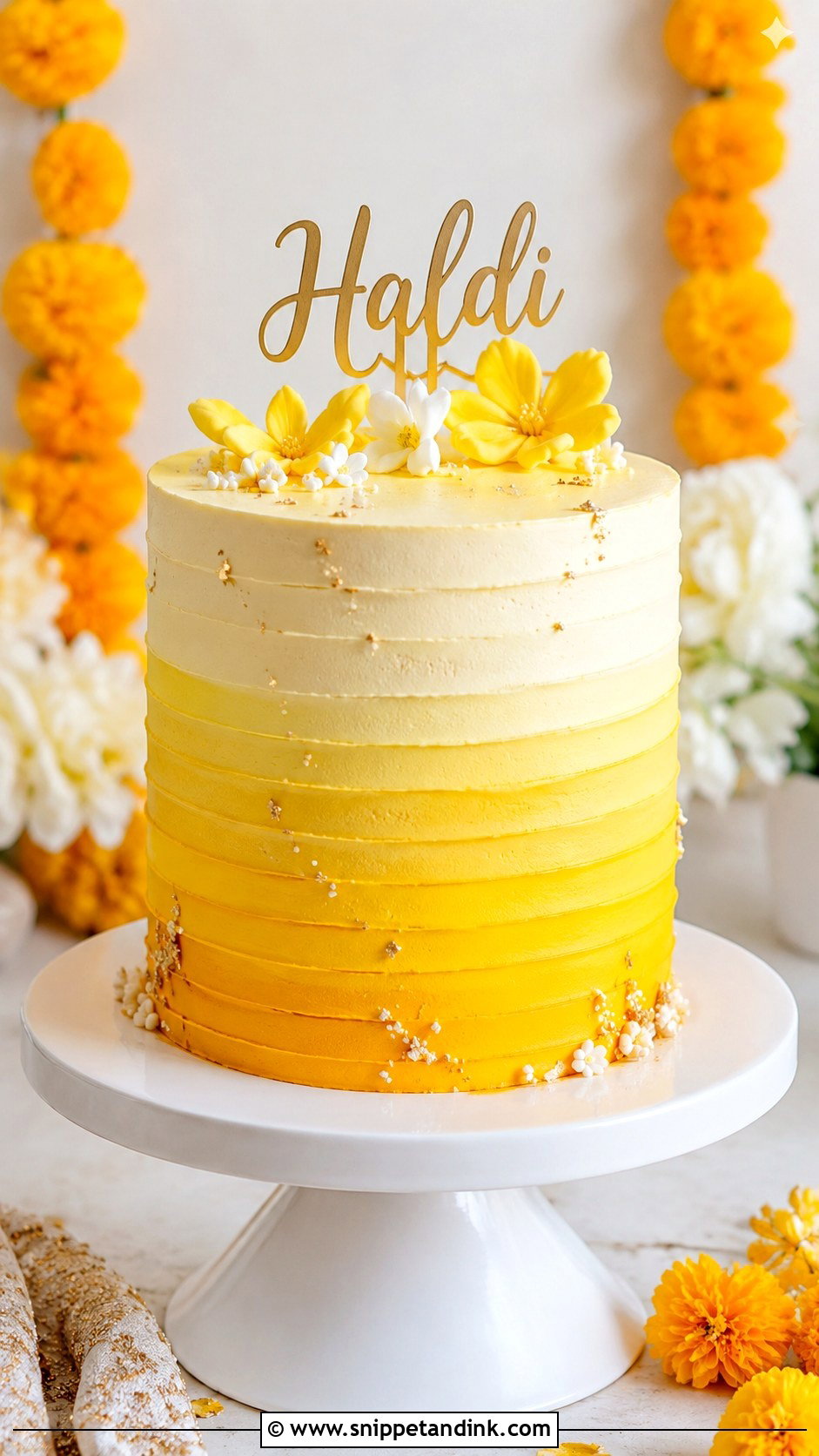 Haldi Cake With Minimal Flowers - Snippet and Ink - 20 Haldi Cake Ideas