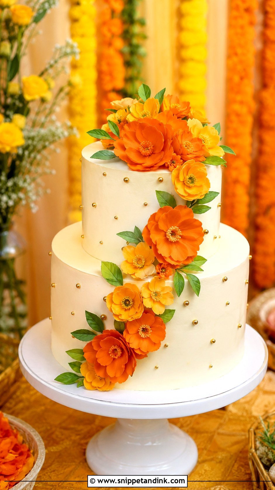 Haldi Cake With Orange And Yellow Flowers - Snippet and Ink - 20 Haldi Cake Ideas