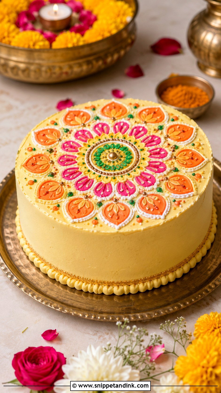 Haldi Cake With Rangoli Top - Snippet and Ink - 20 Haldi Cake Ideas