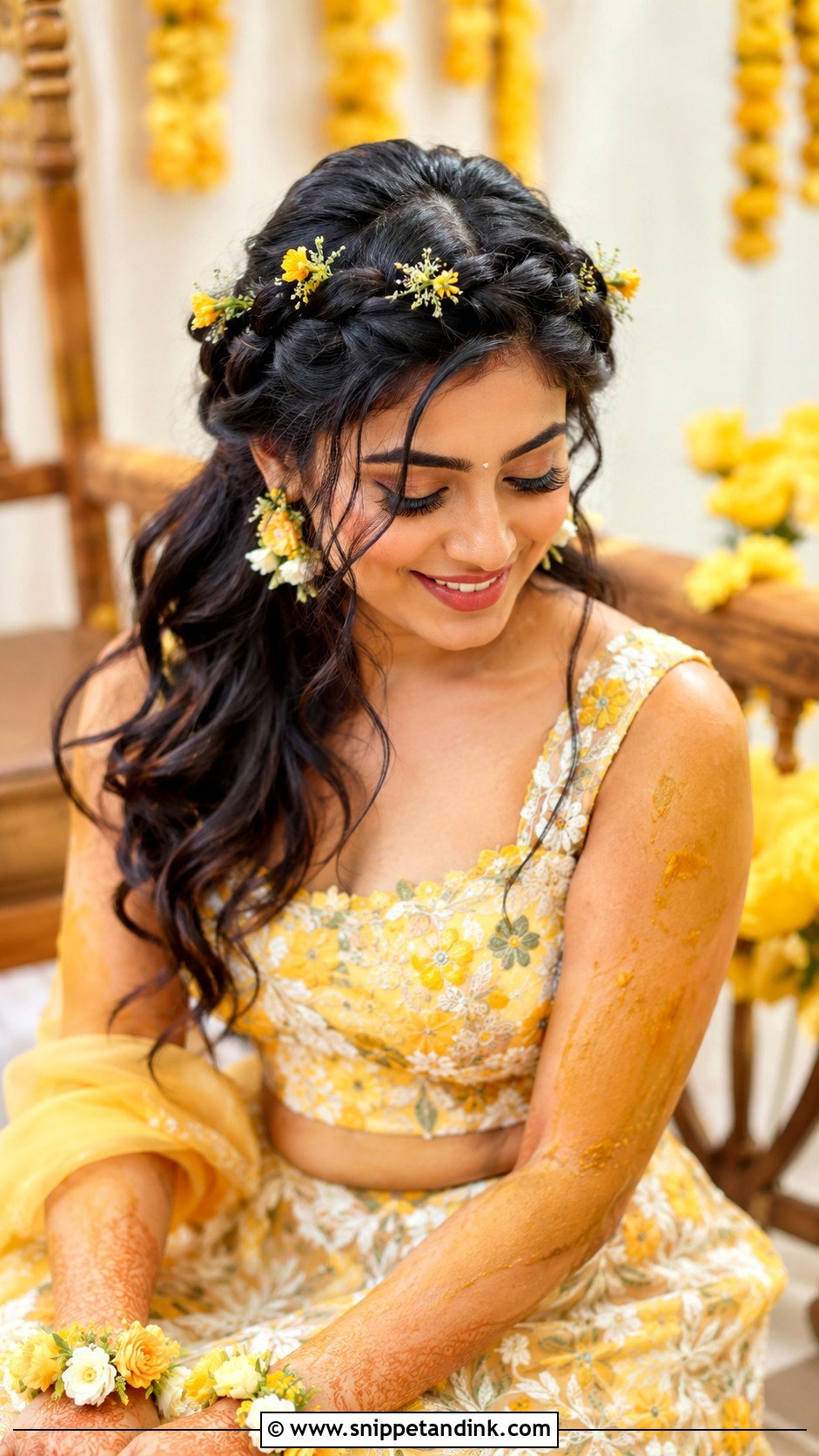 Haldi Crown Braid For Bride - Snippet and Ink - 15 Haldi Hairdo for Bride Ideas