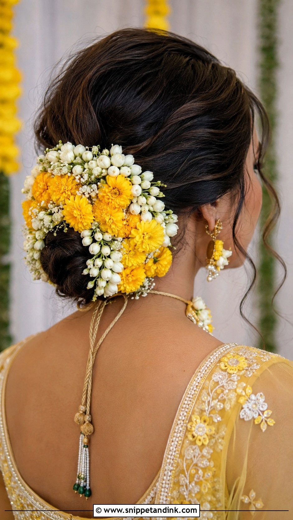 Haldi Floral Bun For Bride - Snippet and Ink - 15 Haldi Hairdo for Bride Ideas