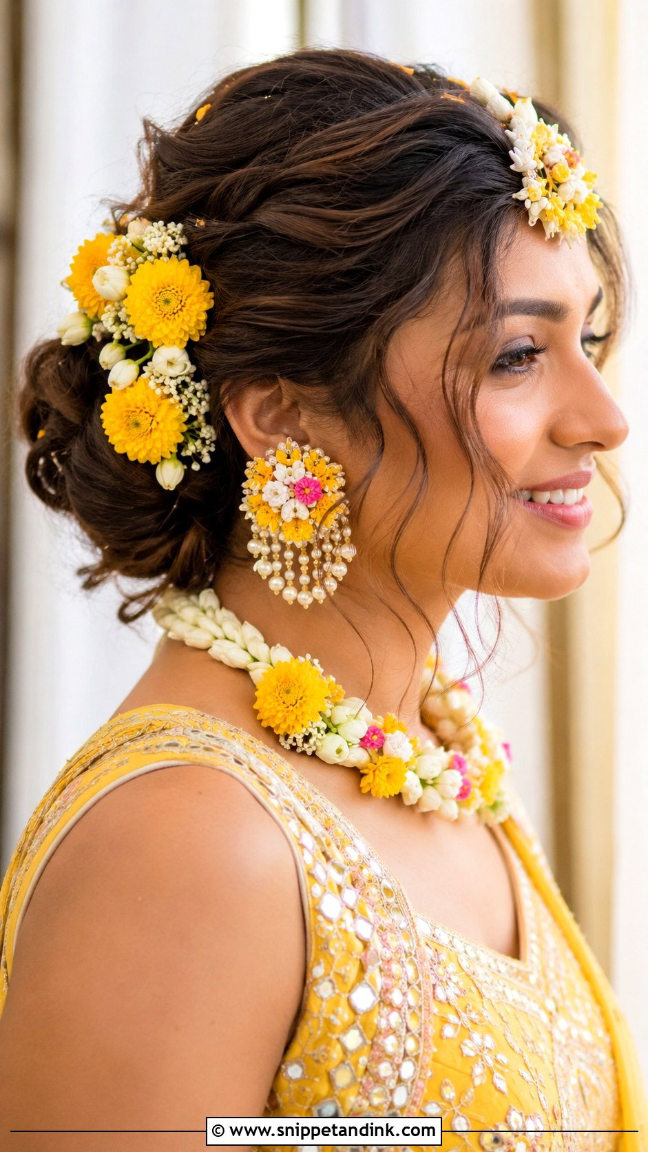 Haldi Floral Bun For Bride - Snippet and Ink - 15 Haldi Function Hairstyle for Bride Ideas