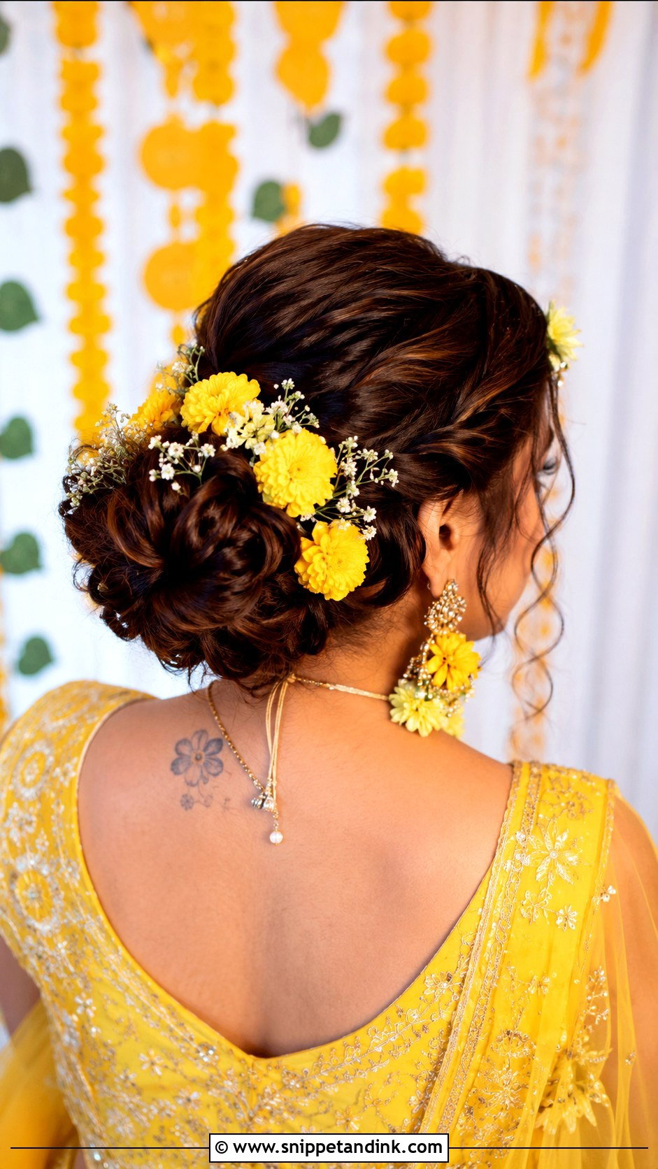 Haldi Floral Bun For Bridesmaid - Snippet and Ink - 30 Haldi Hairstyles for Bridesmaid