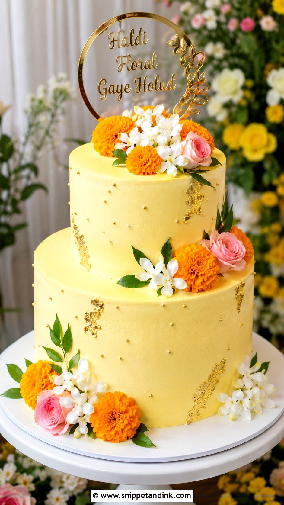 Haldi Floral Gaye Holud Cake - Snippet and Ink - 20 Gaye Holud Cake Design Ideas