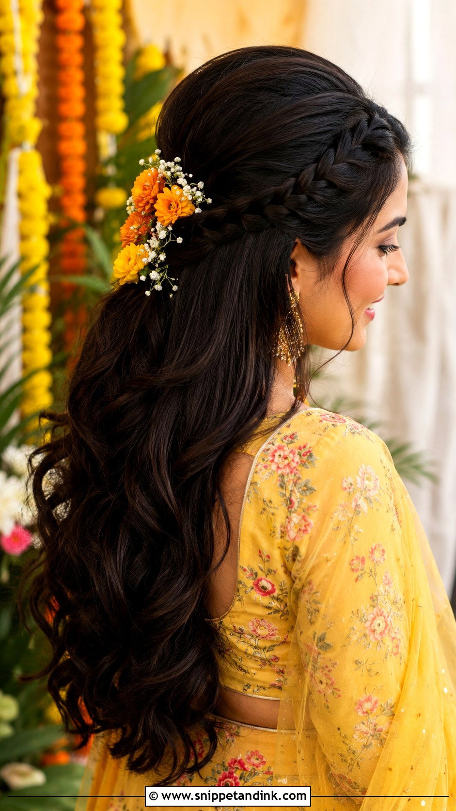 Haldi Half Up Braid With Flowers - Snippet and Ink - 35 Haldi Hairstyles for Bride