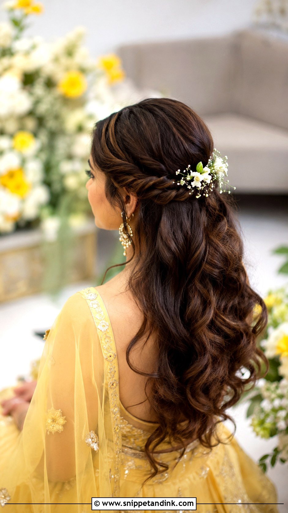 Haldi Half Up Bun For Bridesmaid - Snippet and Ink - 30 Haldi Hairstyles for Bridesmaid