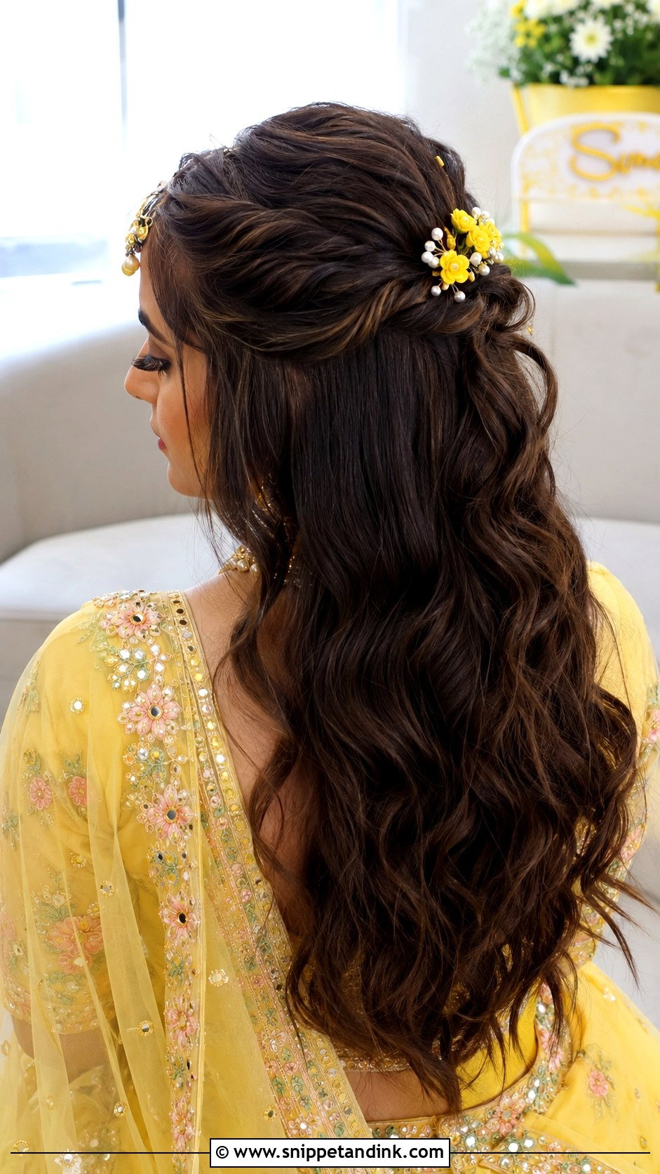 Haldi Half Up Hairstyle For Bride - Snippet and Ink - 15 Haldi Function Hairstyle for Bride Ideas