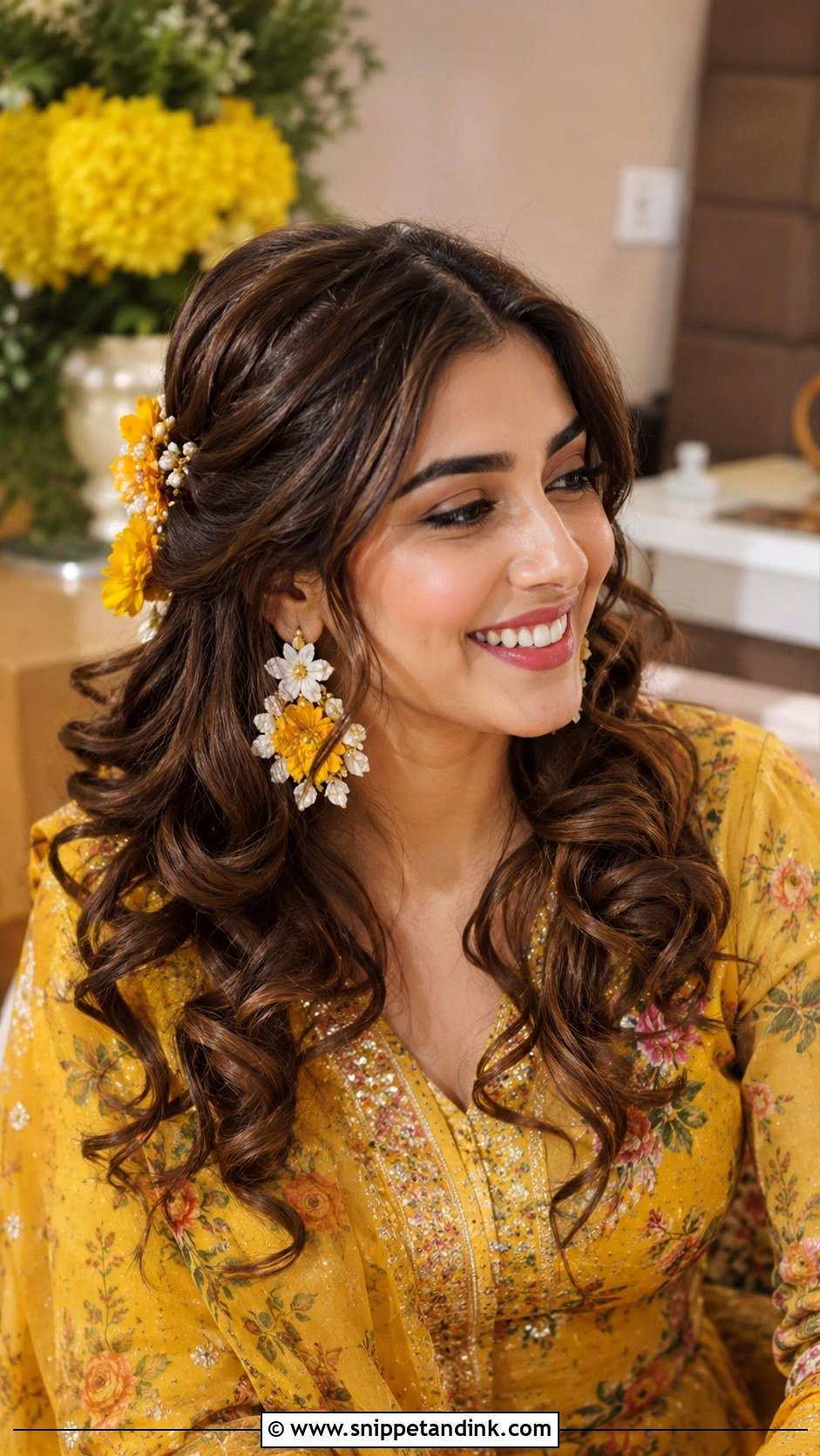Haldi Loose Curls For Bride - Snippet and Ink - 15 Haldi Function Hairstyle for Bride Ideas