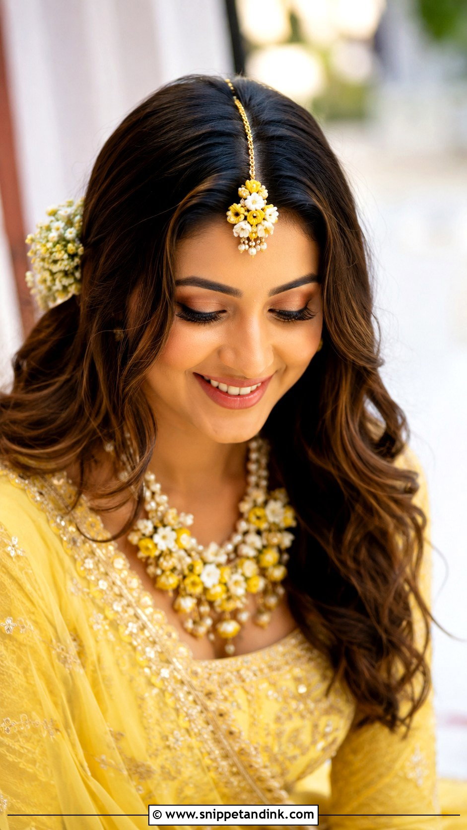 Haldi Loose Waves With Maang Tikka - Snippet and Ink - 15 Haldi Hairdo for Bride Ideas