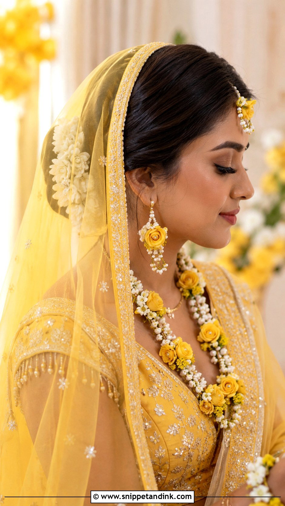 Haldi Low Bun With Dupatta - Snippet and Ink - 15 Haldi Hairdo for Bride Ideas