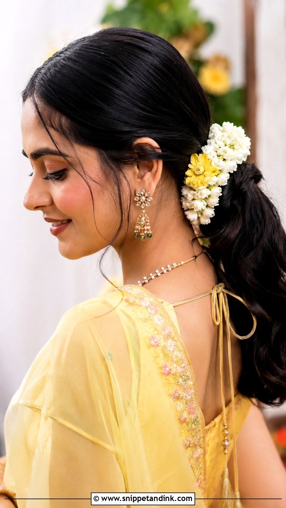 Haldi Low Ponytail With Flowers - Snippet and Ink - 35 Haldi Hairstyles for Bride