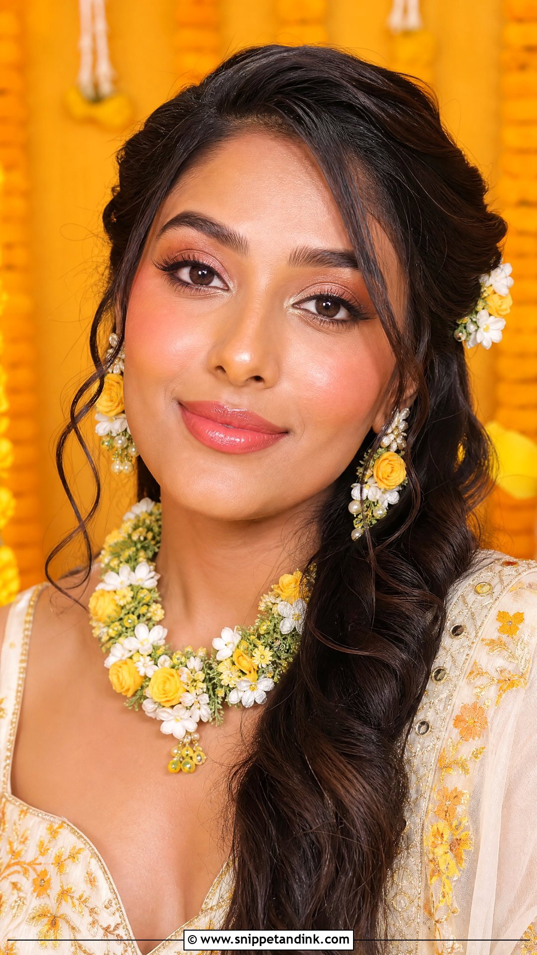 Haldi Makeup With Coral Blush And Glossy Lips - Snippet and Ink - 20 Haldi Mekup Bride Ideas