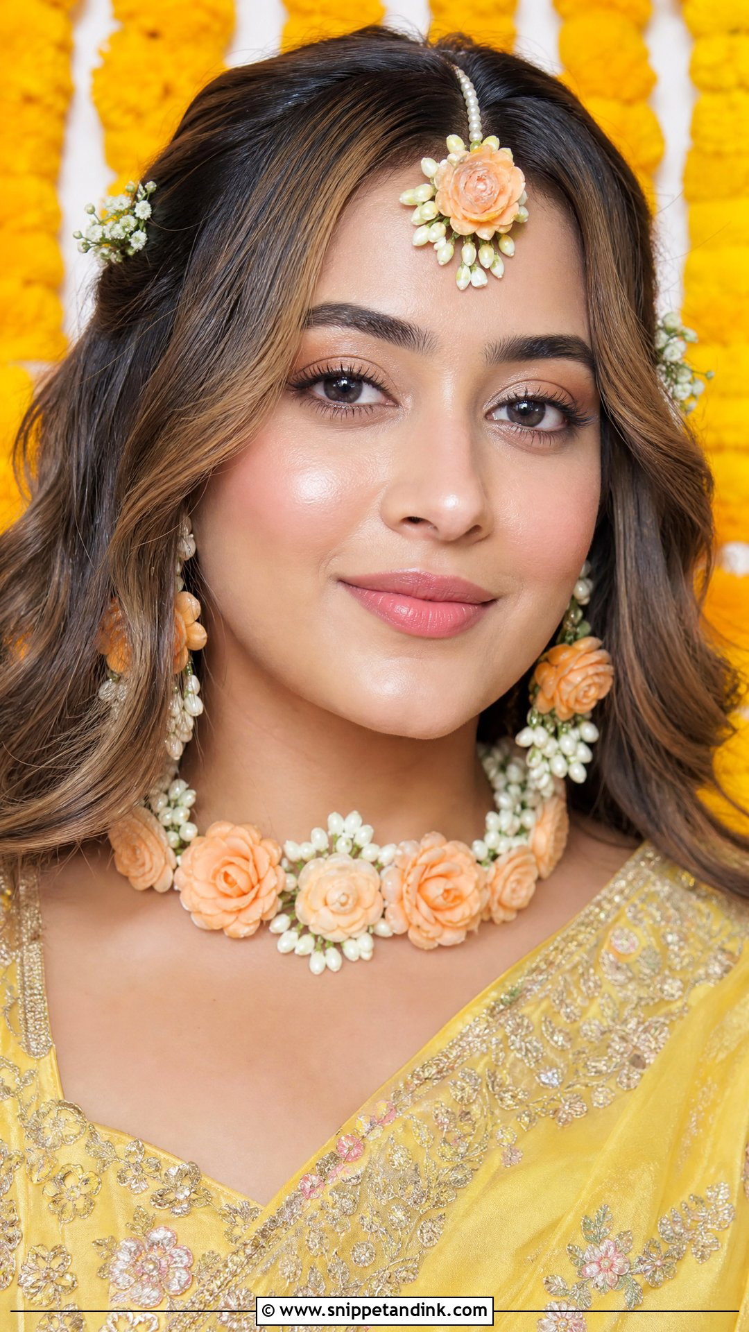 Haldi Makeup With Dewy Skin And Peach Lips - Snippet and Ink - 20 Haldi Mekup Bride Ideas