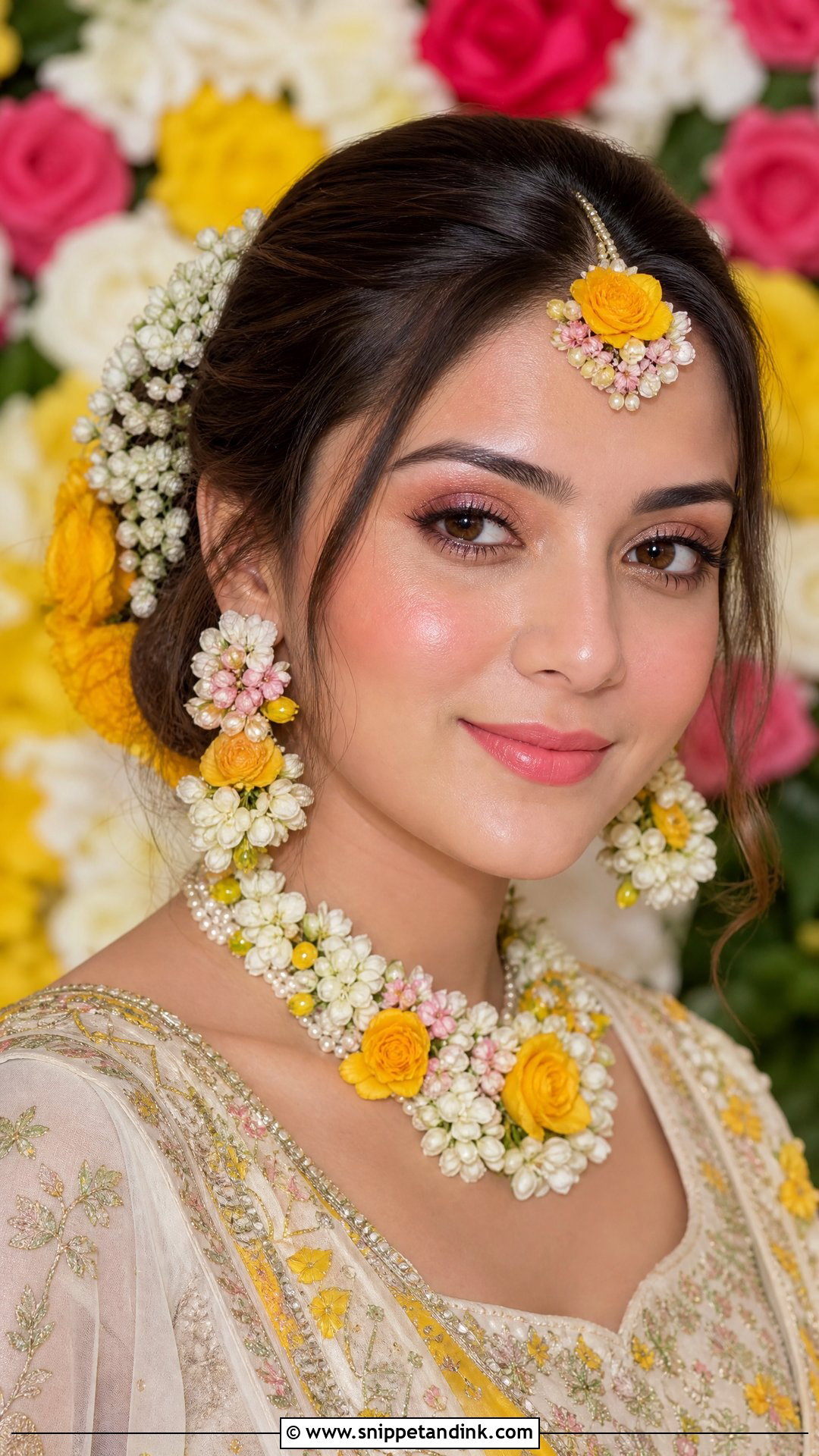 Haldi Makeup With Fresh Floral Bride Look - Snippet and Ink - 20 Haldi Mekup Bride Ideas