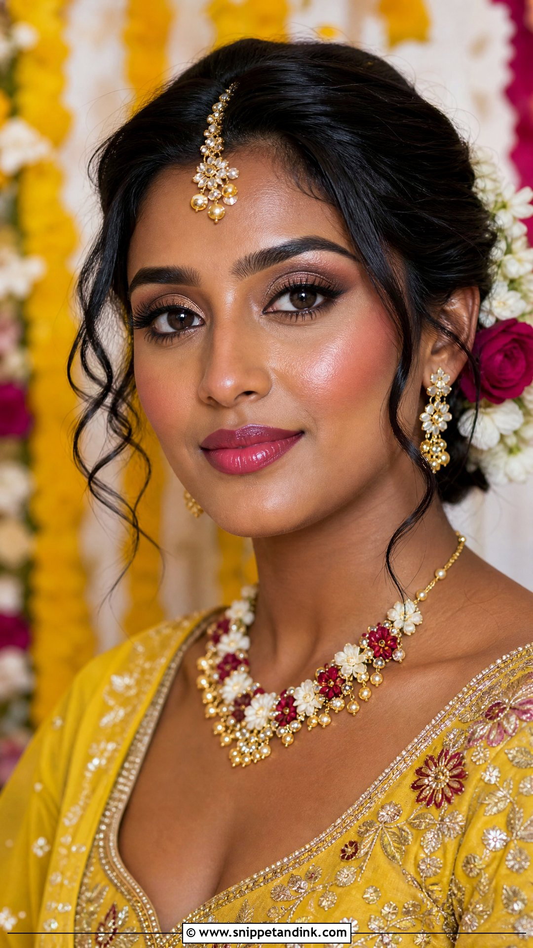 Haldi Makeup With Glossy Skin And Berry Lip - Snippet and Ink - 20 Haldi Mekup Bride Ideas