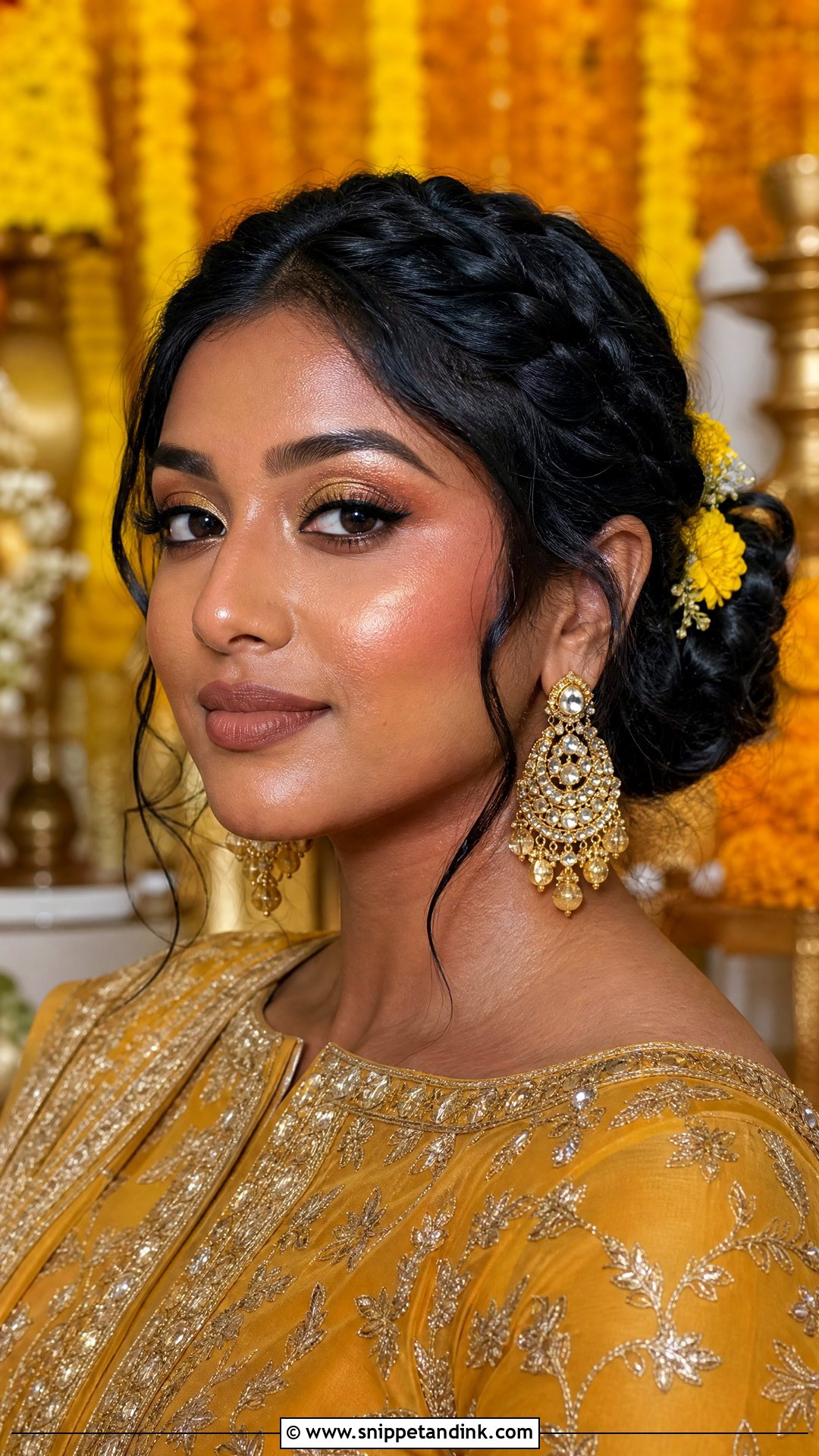 Haldi Makeup With Golden Shimmer Eyes And Brown Lip - Snippet and Ink - 20 Haldi Mekup Bride Ideas