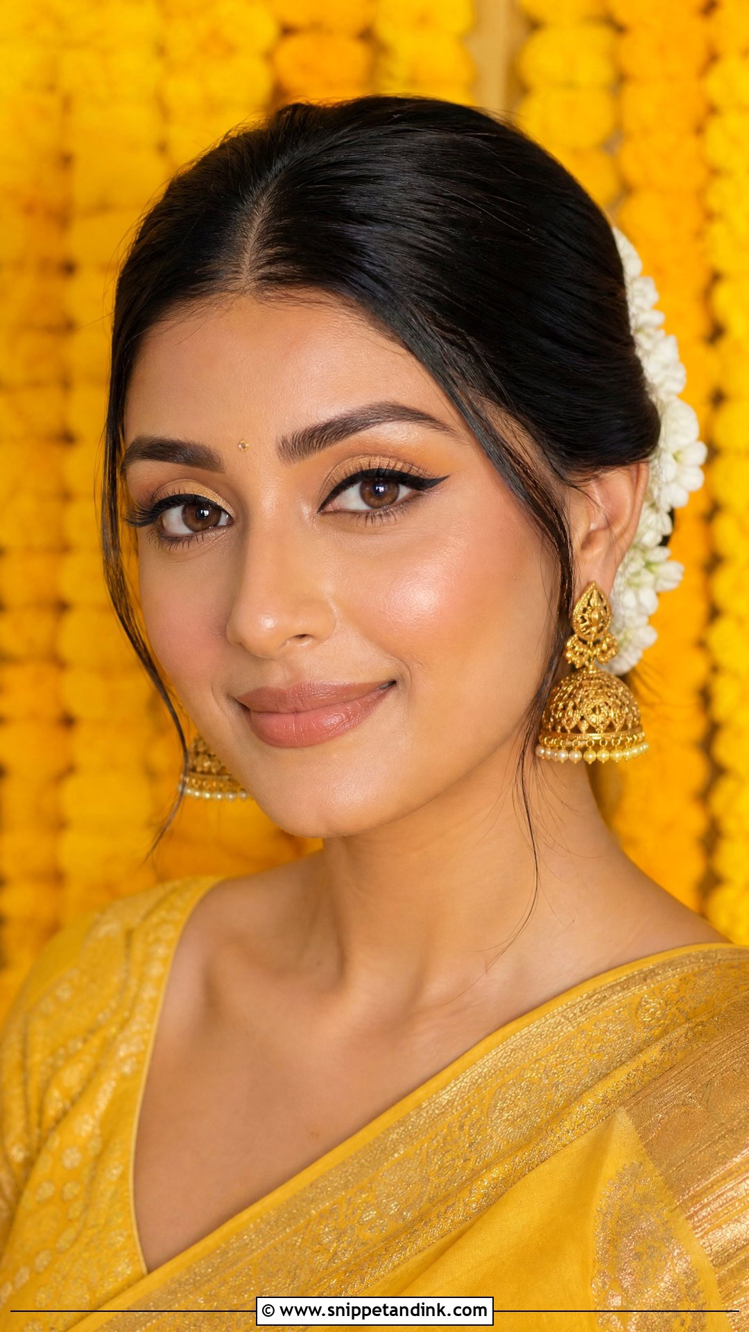 Haldi Makeup With Winged Liner And Nude Lip - Snippet and Ink - 20 Haldi Mekup Bride Ideas