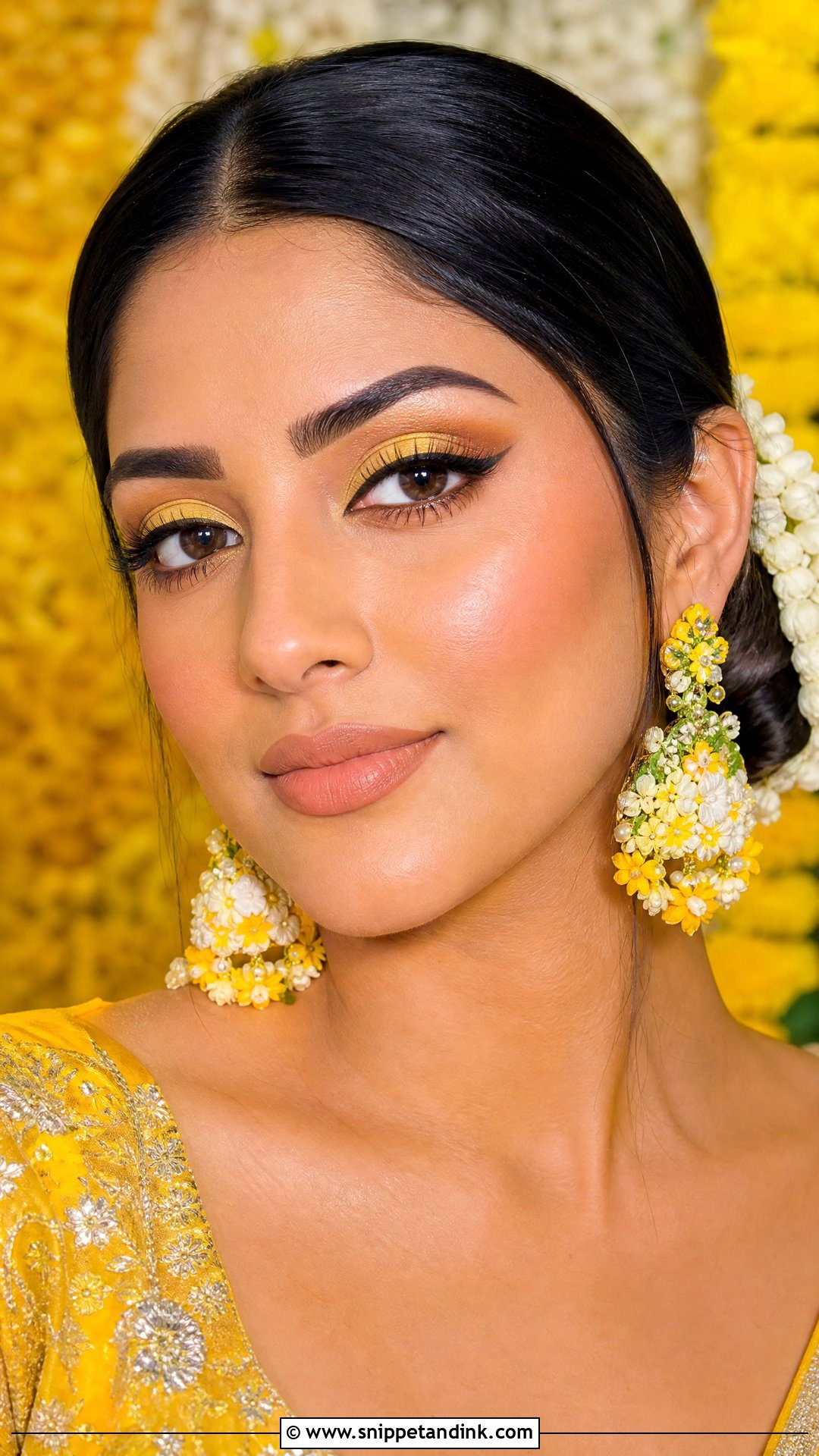 Haldi Makeup With Yellow Eyeshadow And Nude Lip - Snippet and Ink - 20 Haldi Mekup Bride Ideas
