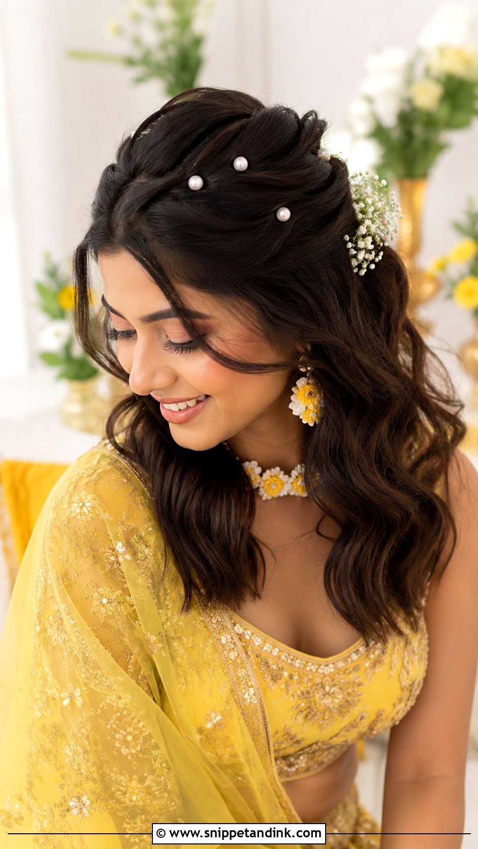 Haldi Medium Hair Hairstyle For Bride - Snippet and Ink - 35 Haldi Hairstyles for Bride