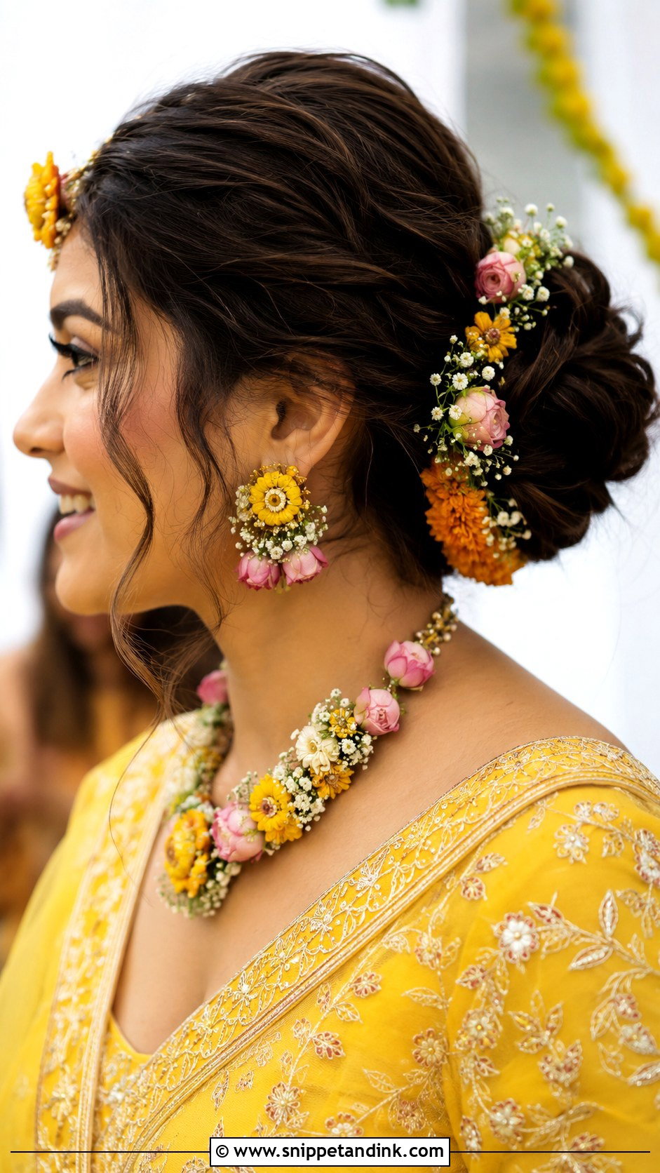 Haldi Messy Bun For Bride - Snippet and Ink - 15 Haldi Function Hairstyle for Bride Ideas