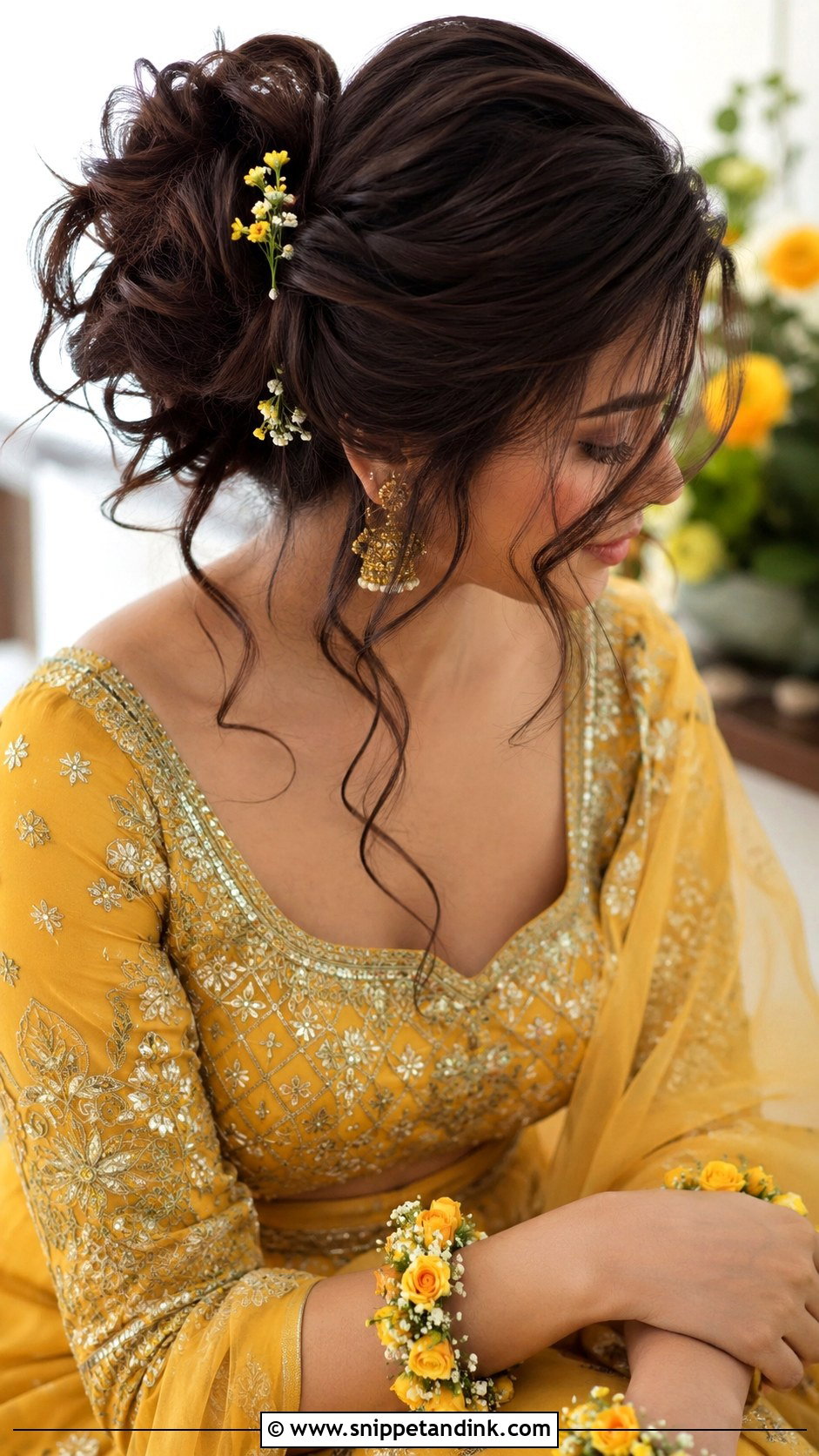 Haldi Messy Bun For Bridesmaid - Snippet and Ink - 30 Haldi Hairstyles for Bridesmaid