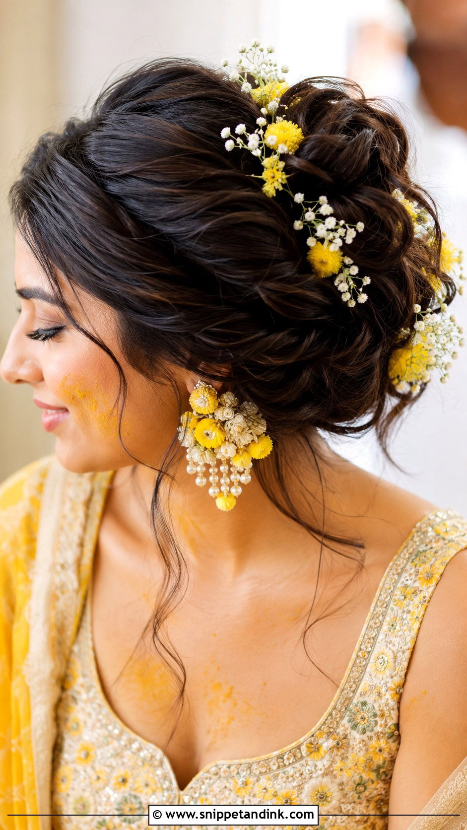 Haldi Messy Bun With Flowers - Snippet and Ink - 35 Haldi Hairstyles for Bride