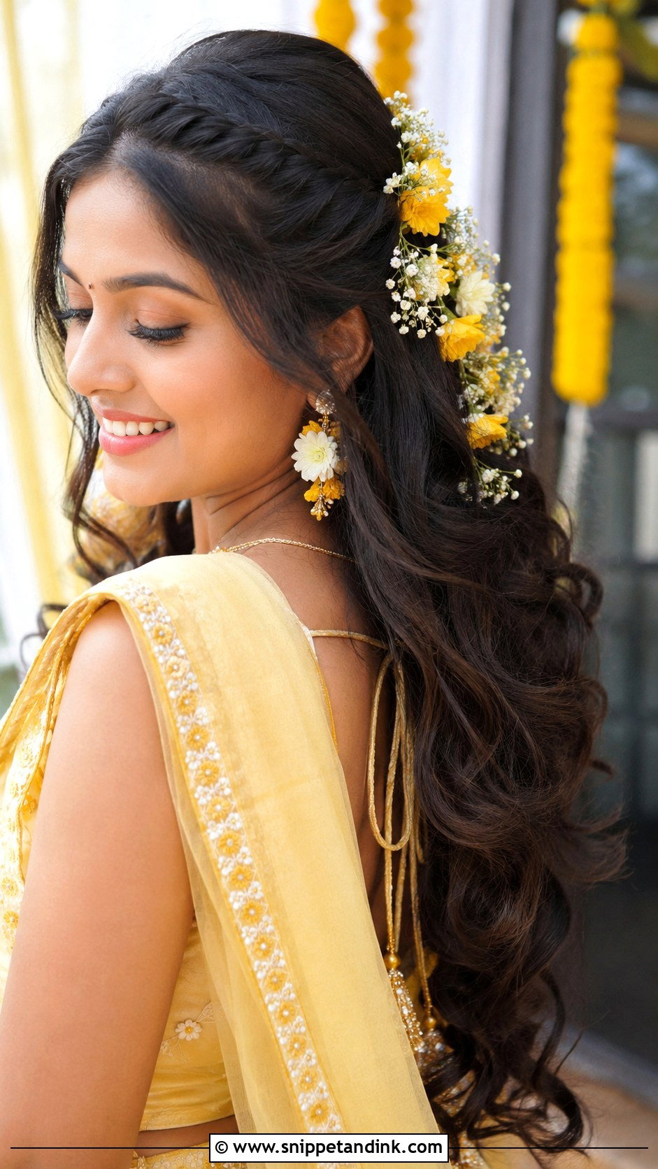 Haldi Open Curls With Flowers - Snippet and Ink - 15 Haldi Hairdo for Bride Ideas