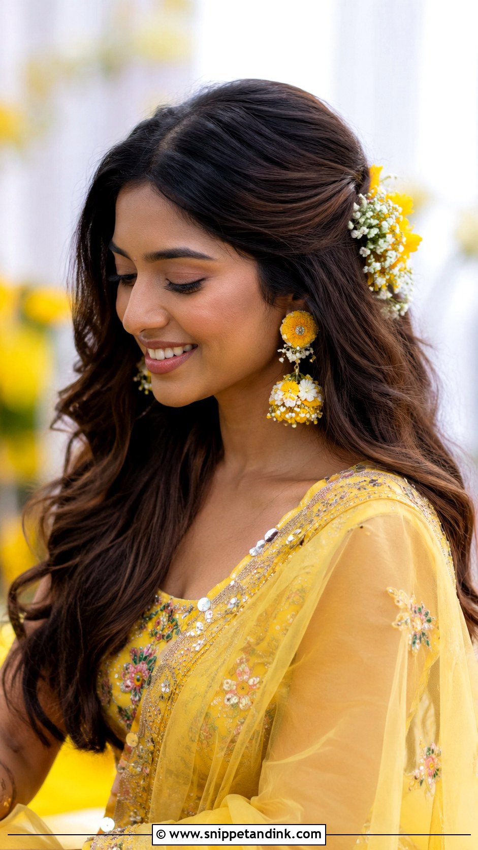 Haldi Open Hair With Flowers For Bride - Snippet and Ink - 15 Haldi Function Hairstyle for Bride Ideas