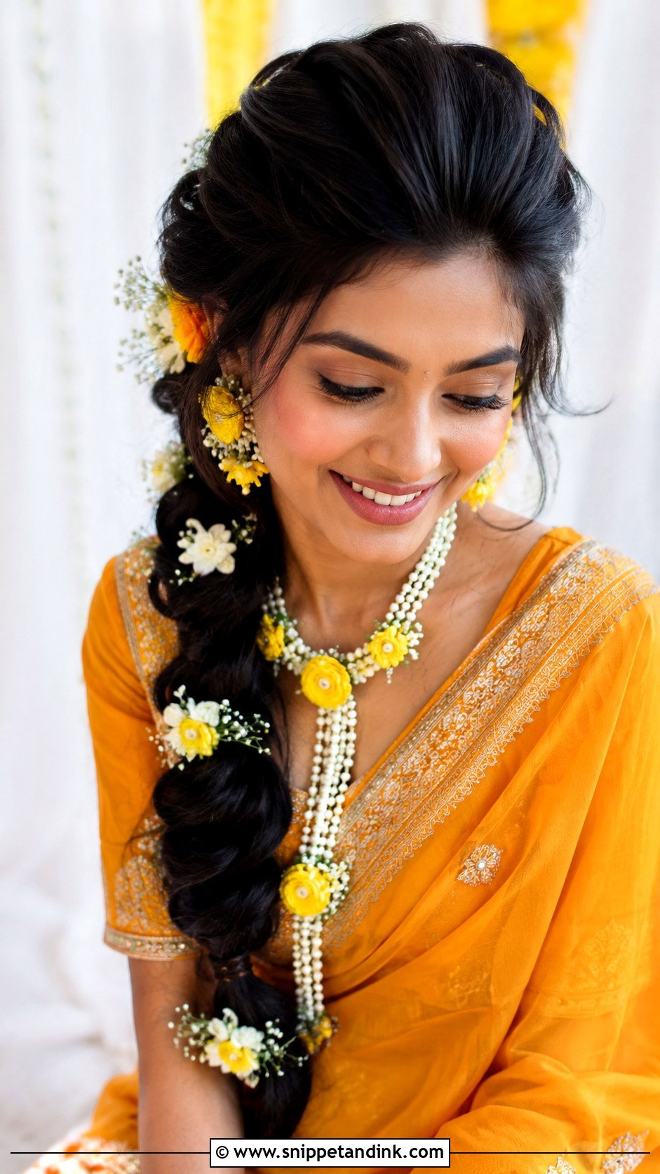 Haldi Side Braid For Bride - Snippet and Ink - 15 Haldi Function Hairstyle for Bride Ideas