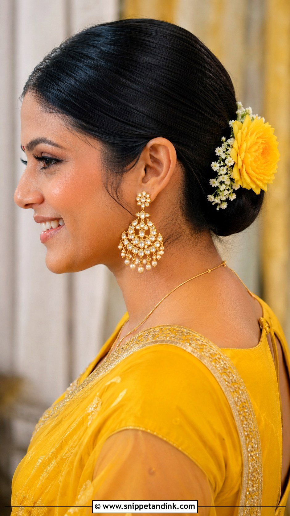 Haldi Sleek Bun For Bride - Snippet and Ink - 15 Haldi Function Hairstyle for Bride Ideas