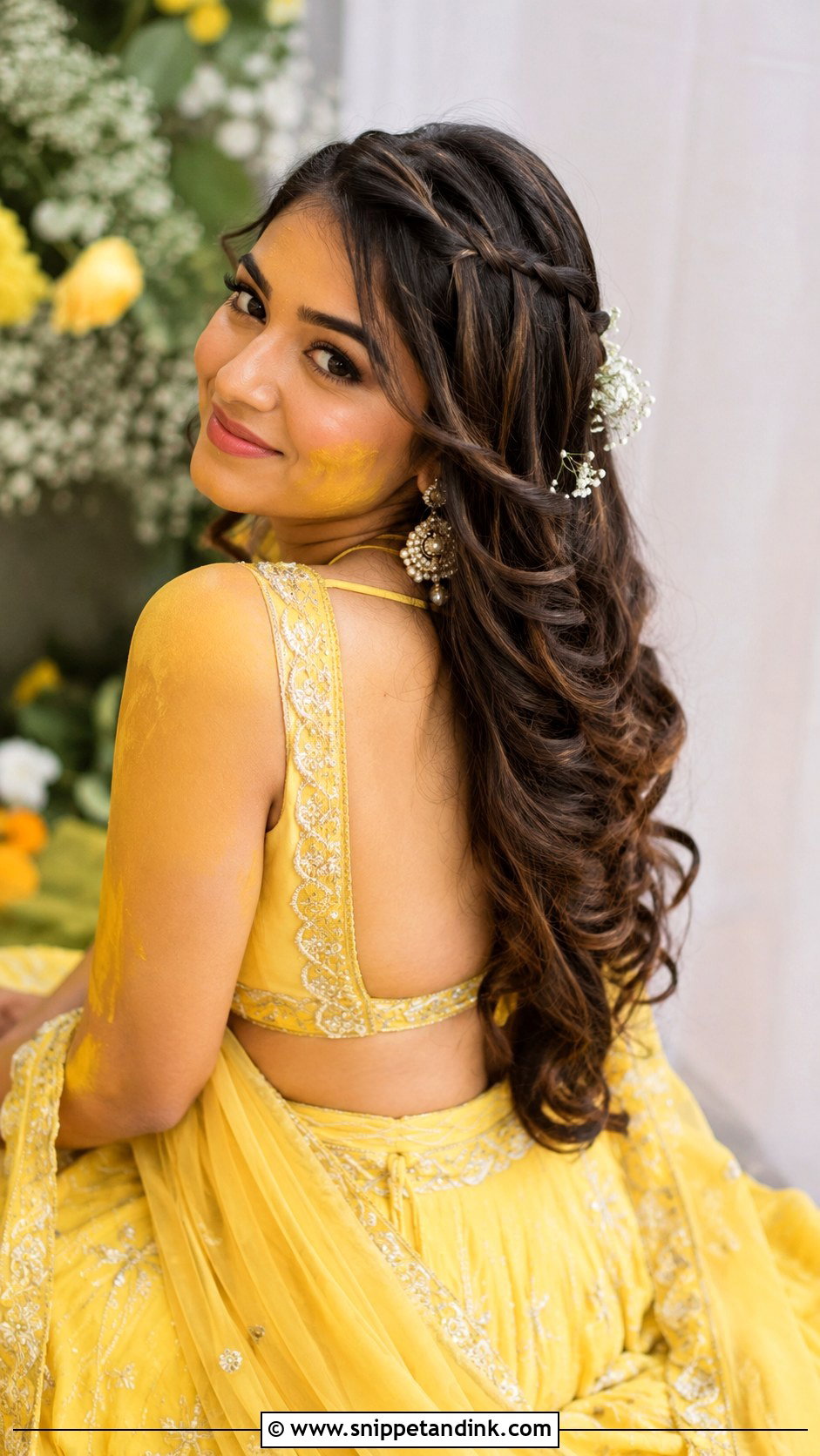 Haldi Waterfall Braid With Curls - Snippet and Ink - 35 Haldi Hairstyles for Bride
