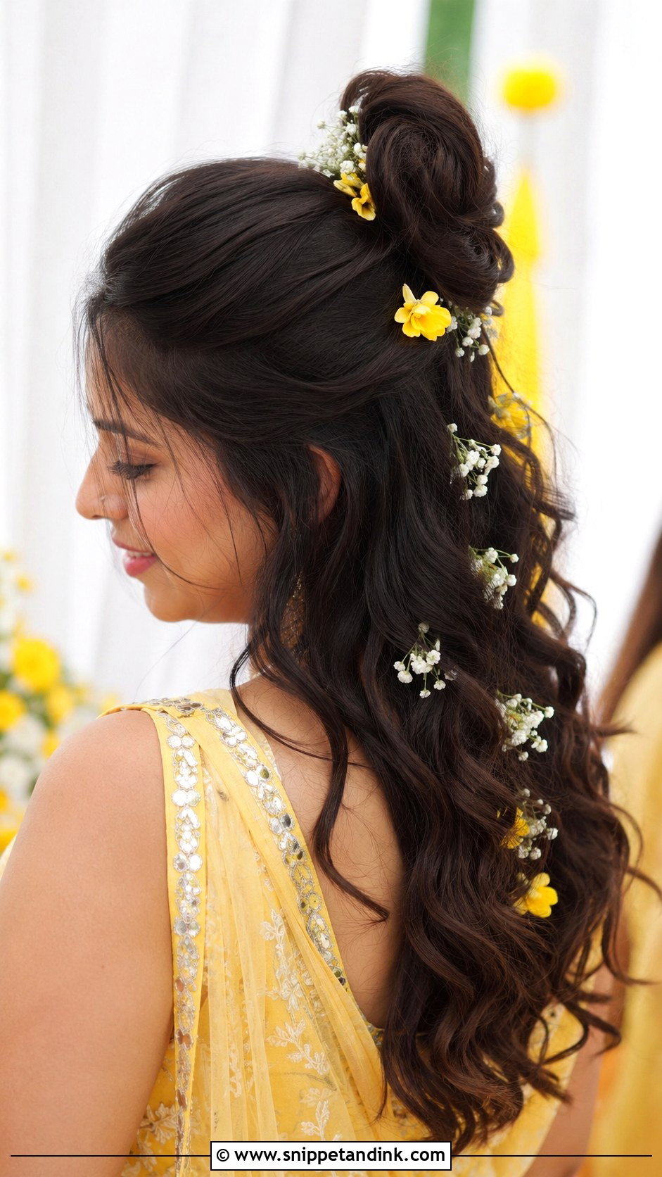 Half Bun Updo With Flowers - Snippet and Ink - 25 Haldi Bride Hairstyle Ideas
